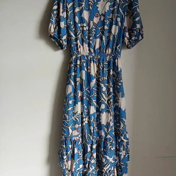 Women’s Knox Rose Blue Floral Puff Sleeve Layered Ruffle Hem Wrap Maxi Dress NWT - Picture 11 of 14